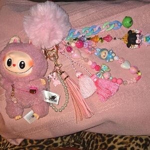 Pink 'Monster' Plush Keychain with Charms